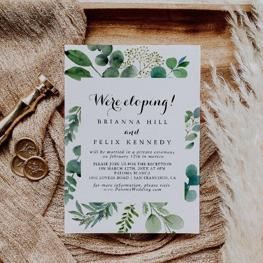 Green Eucalyptus Calligraphy Elopement Empfang Einladung