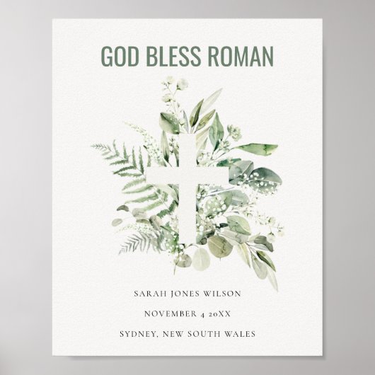 Green Eucalyptus Foliage Cross God Bless Roman Poster (Vorne)