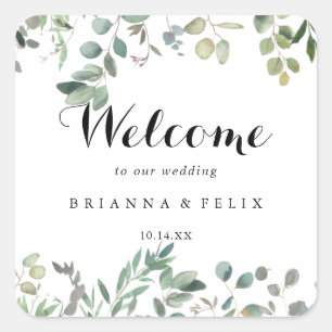 Green Eucalyptus Foliage Delight Wedding Willkomme Quadratischer Aufkleber