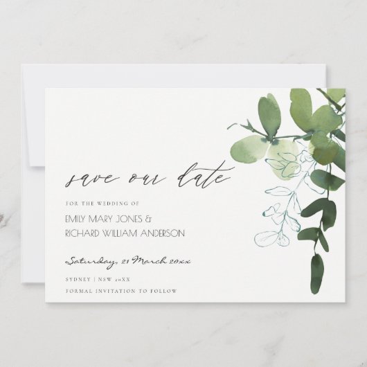 Green Eucalyptus Foliage Save the Date einladen Dankeskarte (Vorderseite)