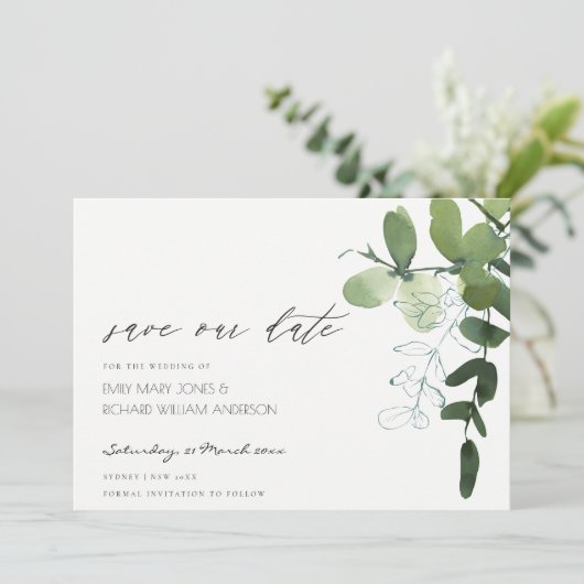 Green Eucalyptus Foliage Save the Date einladen Dankeskarte (Stehend Vorderseite)