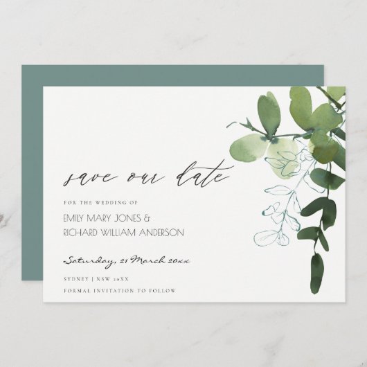 Green Eucalyptus Foliage Save the Date einladen Dankeskarte (Vorne/Hinten)