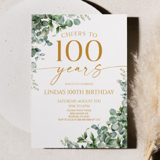 Green Eucalyptus Gold 100th Birthday Party Einladung
