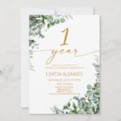 Green Eucalyptus Gold 1st Wedding Anniversary Einladung (Vorderseite)