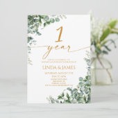 Green Eucalyptus Gold 1st Wedding Anniversary Einladung (Stehend Vorderseite)