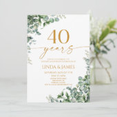 Green Eucalyptus Gold 40th Wedding Anniversary Einladung (Stehend Vorderseite)