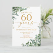 Green Eucalyptus Gold 60th Birthday Party Einladung (Stehend Vorderseite)