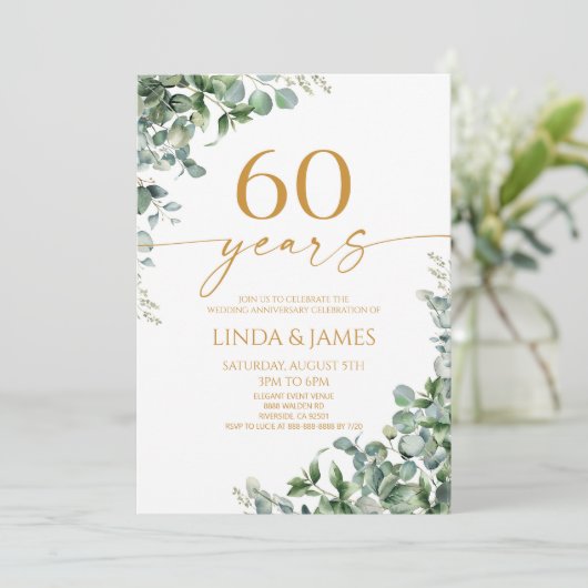Green Eucalyptus Gold 60th Wedding Anniversary Einladung (Stehend Vorderseite)