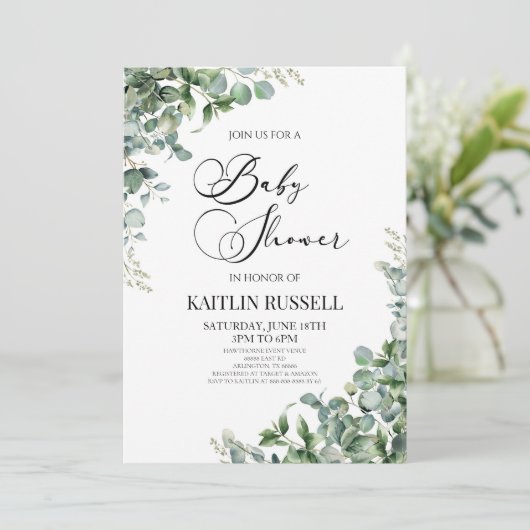 Green Eucalyptus Greenery Botanical Baby Shower Einladung (Stehend Vorderseite)