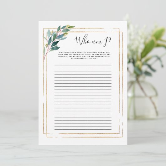 Green Eucalyptus Who I Brautparty Game (Stehend Vorderseite)