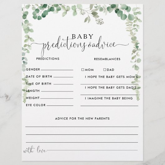 Green Eukalyptus Baby Predictions & Advice Cards (Vorderseite)
