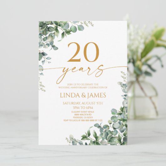 Green Eukalyptus Gold 20. Hochzeitstag Einladung (Stehend Vorderseite)