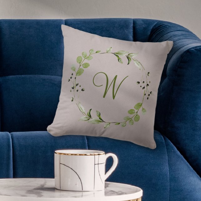 Green Eukalyptus & Leaf-Schriftzeichen Kissen (Green Eucalyptus & Leaf Wreath Script Monogram Throw Pillow
)