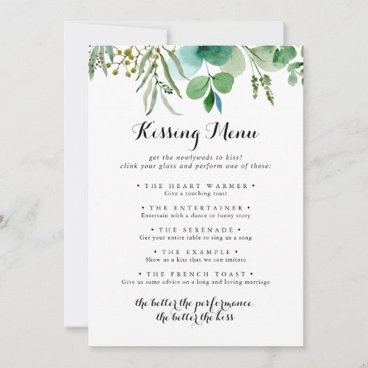 Green Eukalyptus Wedding Kissing Menu Game Card (Vorderseite)