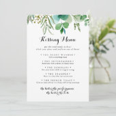 Green Eukalyptus Wedding Kissing Menu Game Card (Stehend Vorderseite)