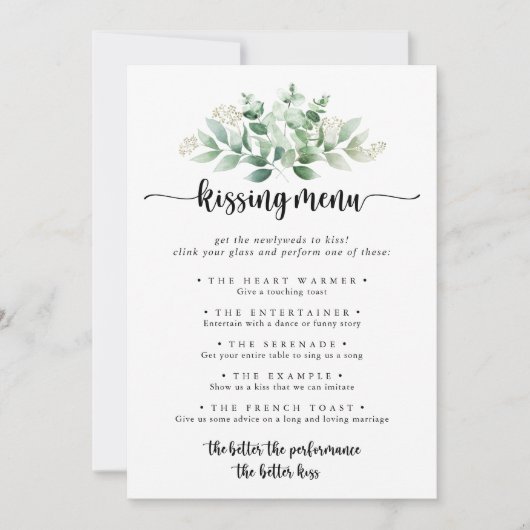 Green Eukalyptus Wedding Kissing Menu Game Card (Vorderseite)