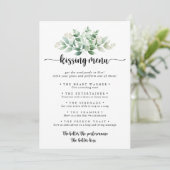 Green Eukalyptus Wedding Kissing Menu Game Card (Stehend Vorderseite)