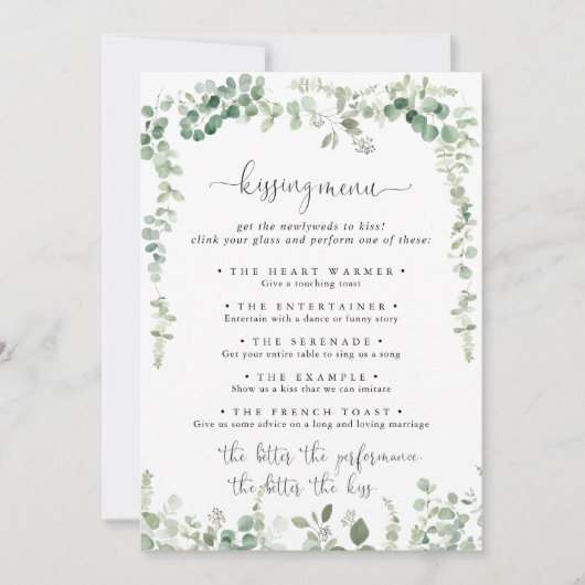 Green Eukalyptus Wedding Kissing Menu Game Card (Vorderseite)