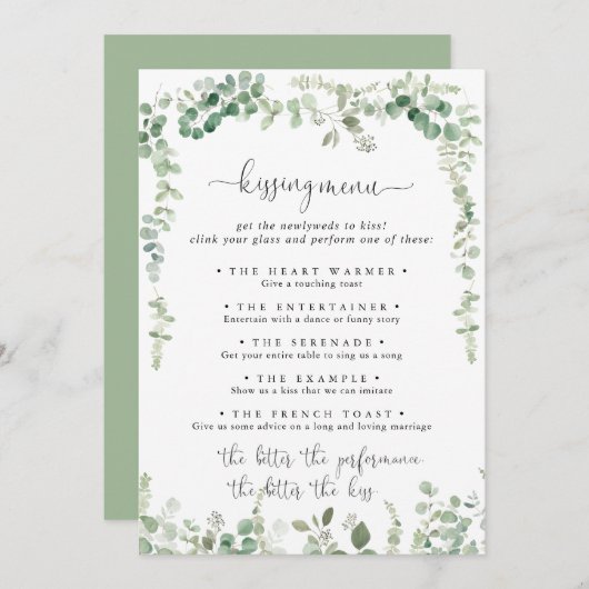 Green Eukalyptus Wedding Kissing Menu Game Card (Vorne/Hinten)