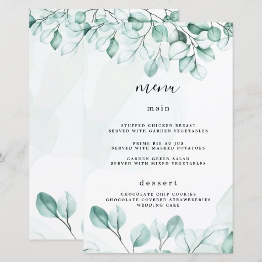 Green Eukalyptus Wedding Menu Cards (Vorne/Hinten)