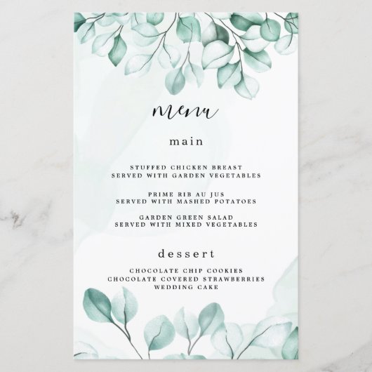Green Eukalyptus Wedding Menu Cards (Vorderseite)