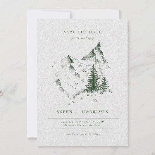 Green Evergreen Pine Mountain Sketch Save the Date Einladung (Vorderseite)