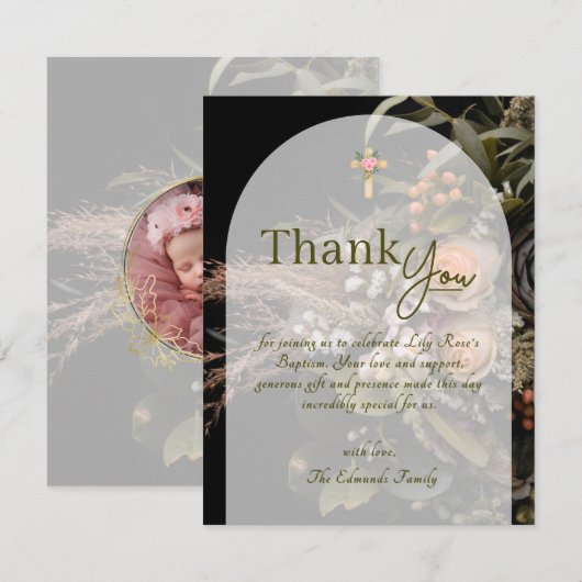 Green Fall Floral Baptism Dankeskarte (Vorne/Hinten)