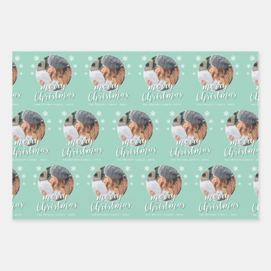 Green Family Foto Snowflake Frohe Weihnachten Geschenkpapier Set (Vorderseite)