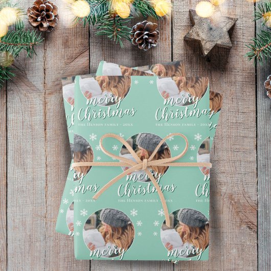 Green Family Foto Snowflake Frohe Weihnachten Geschenkpapier Set