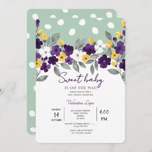 Green | Farbenfrohe Blume Kinderdusche Einladung (Vorne/Hinten)