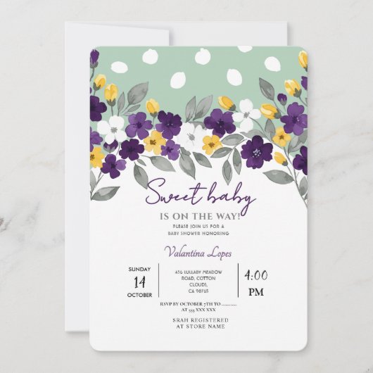 Green | Farbenfrohe Blume Kinderdusche Einladung (Vorderseite)