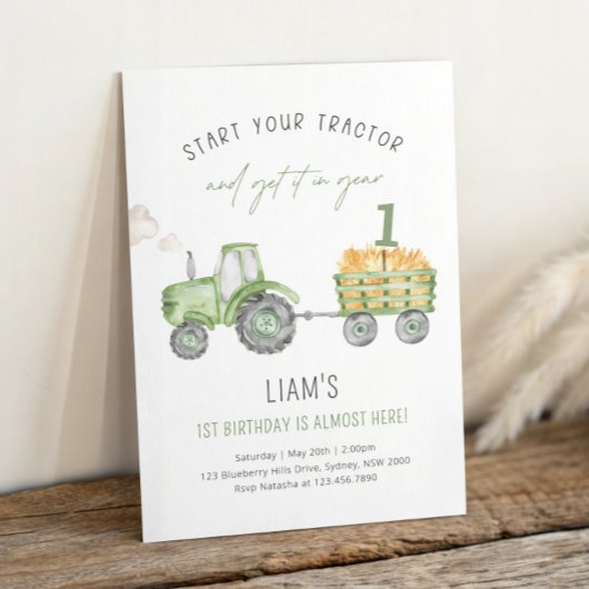 Green Farm Tractor 1st Birthday Party Einladung