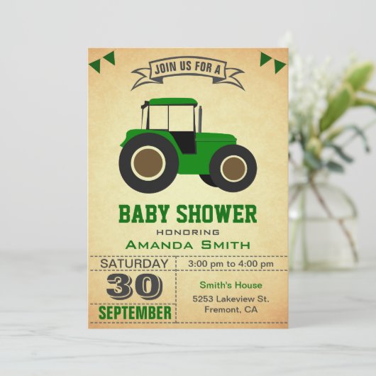 Green Farm Traktor Babydusche Einladung (Stehend Vorderseite)