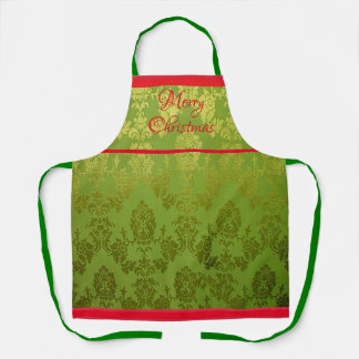  Green Faux Brocade Red Trim Holiday Apron Schürze