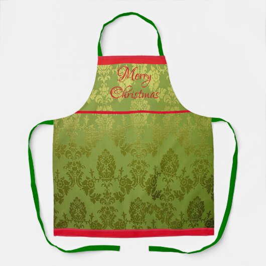 Green Faux Brocade Red Trim Holiday Apron Schürze (Vorderseite)