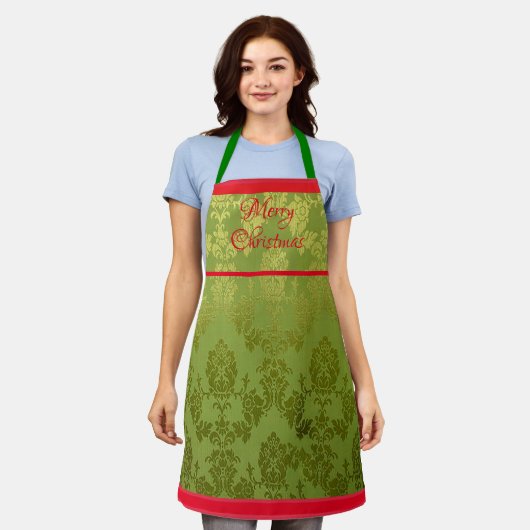 Green Faux Brocade Red Trim Holiday Apron Schürze (Getragen)