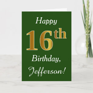 Green, Faux Gold 16th Birthday + Custom Name Karte