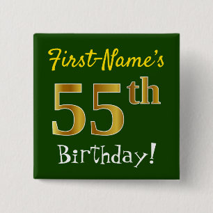 Green, Faux Gold 55th Birthday, With Custom Name Button