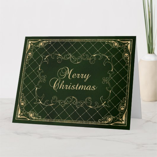 Green Faux Gold Ornate Border Merry Christmas Karte (Vorderseite)