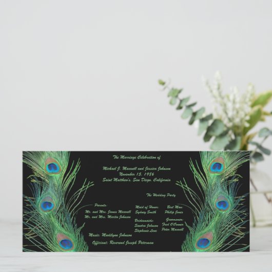 Green Feathers with Black Wedding Program Programm (Stehend Vorderseite)