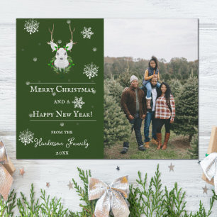 Green Festive Reindeer Holiday Foto Card Feiertagskarte