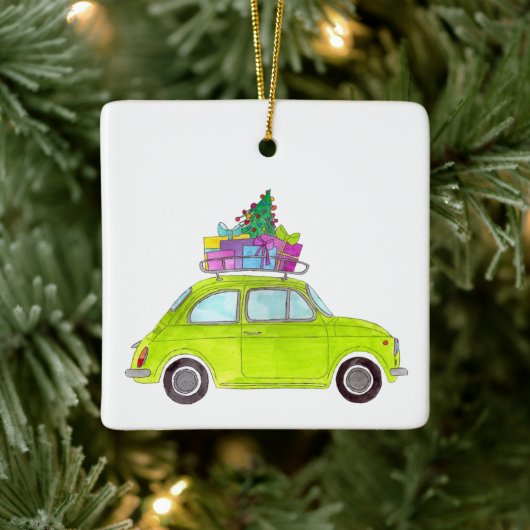 Green Fiat 500 mit Weihnachtsgeschenken Wasserfarb Keramikornament (Baum)
