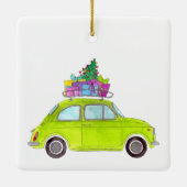Green Fiat 500 mit Weihnachtsgeschenken Wasserfarb Keramikornament (Rückseite)