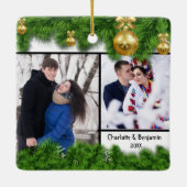 Green Fir Tree Erstes Verheiratetes Foto Keramikornament (Rückseite)