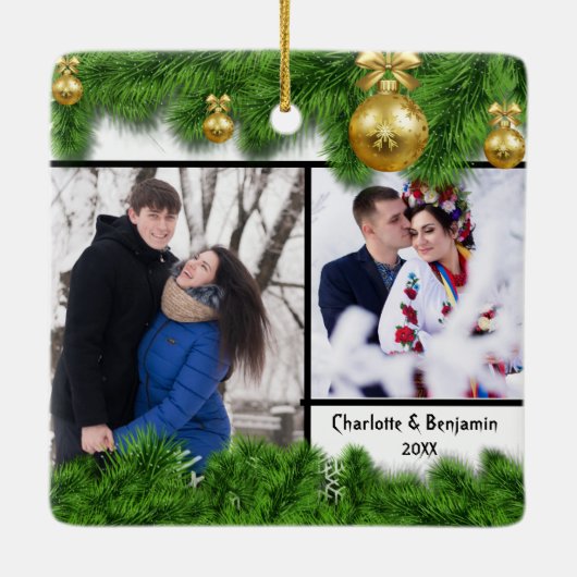 Green Fir Tree Erstes Verheiratetes Foto Keramikornament (Rückseite)