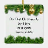 Green Fir Tree Erstes Verheiratetes Foto Keramikornament (Vorderseite)