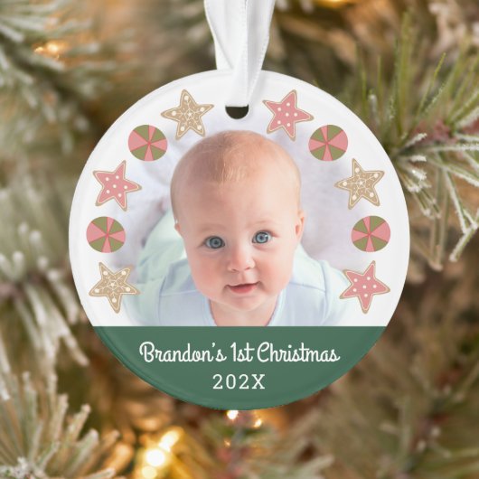 Green First Christmas Baby Foto Gingerbread Boy Ornament (Baum)