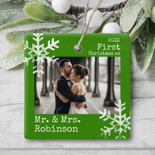 Green First Christmas Mr. & Mrs. Custom Foto Keramikornament