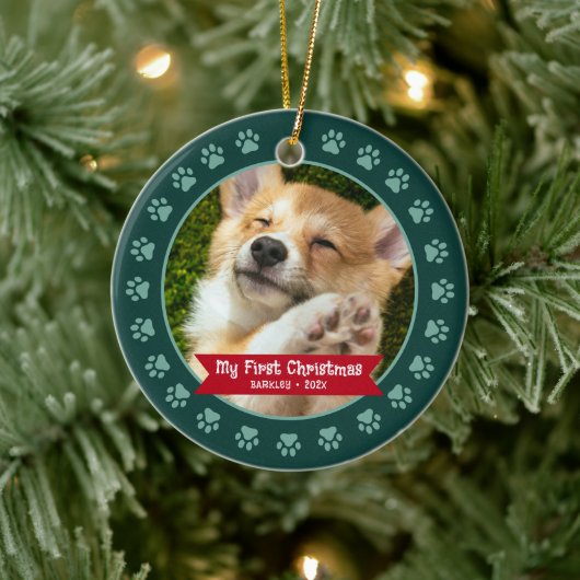 Green First Pet Puppy Foto Paws Custom Keramik Ornament (Baum)