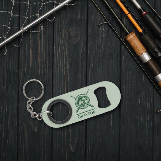 Green Fisherman Pole und Fische Personalisiert Mini Flaschenöffner